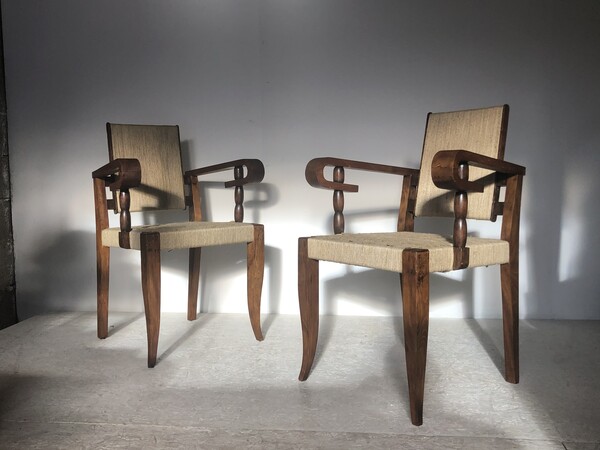 Victor Courtray ( 1896 - 1987 ) paire de fauteuils bridge bois et cordage naturel circa 1930