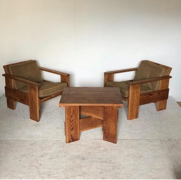 Gerrit Rietveld ( 1888 - 1964 ) edition d’epoque salon « crate » composé d’une table et 4 fauteuils  