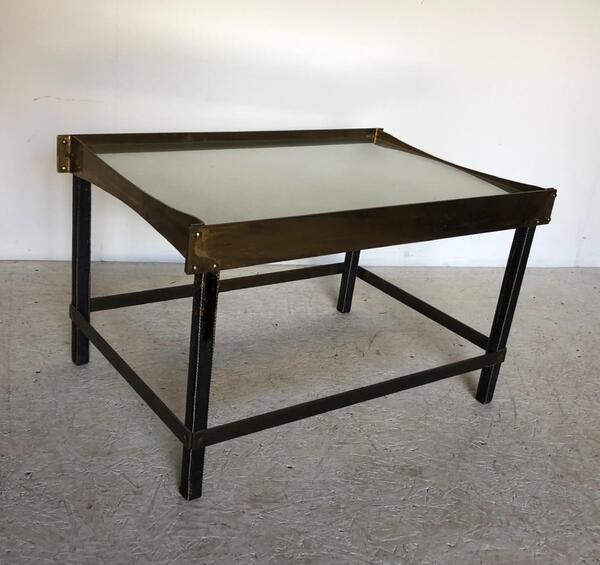 Mathieu Mategot ( 1910 - 2001 ) . Table basse en laiton et cuir cousu . Circa 1960 