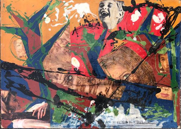 Raymond Gay Bellile ( XX eme ) Composition «  visage » . Collage et huile Août 1964 
